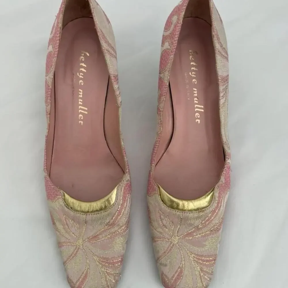 Vintage Bettye Muller Pink & Gold Brocade Kitten Heel Size 39- 8.5